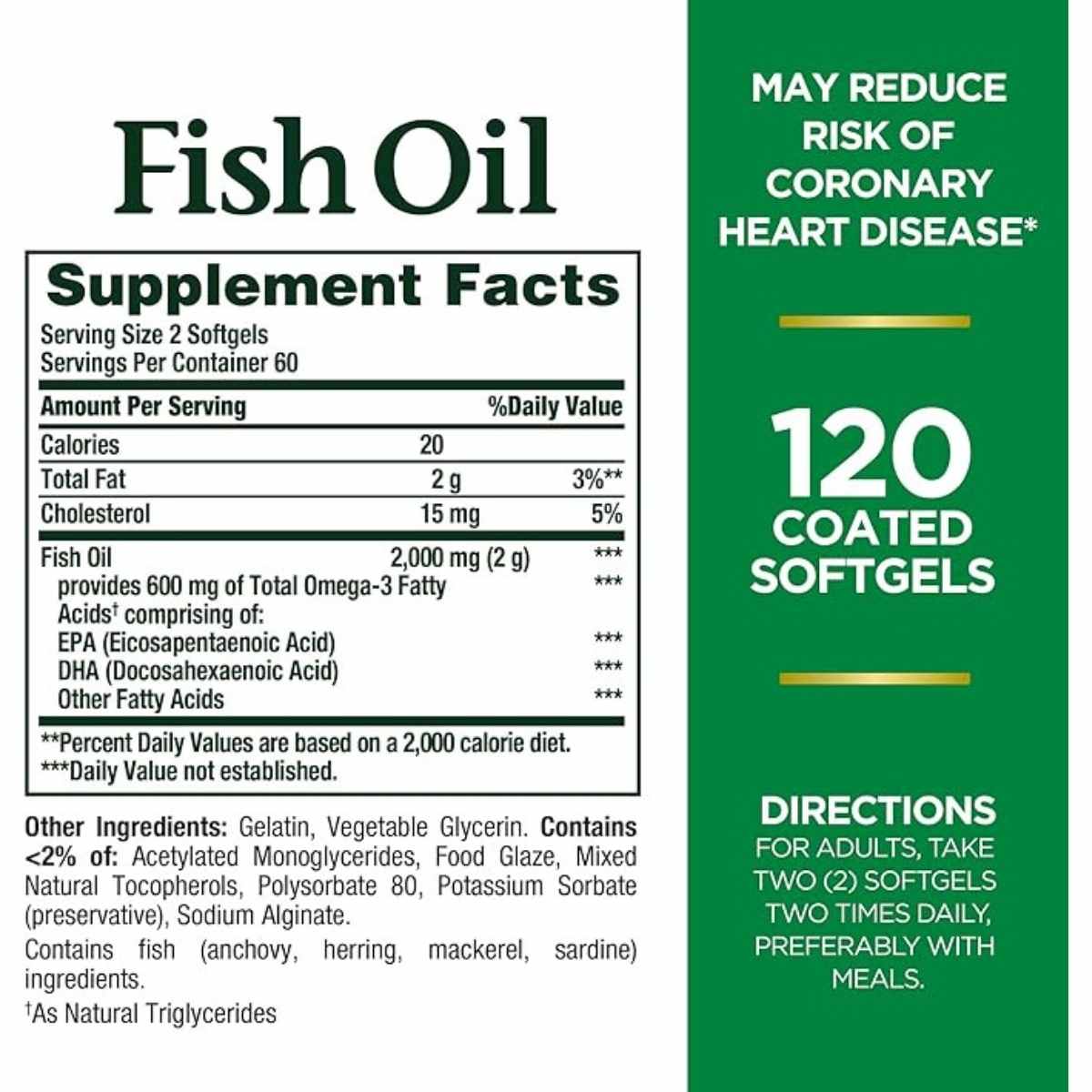 Información del suplemento de Nature's Bounty Fish Oil, presentación de 120 cápsulas blandas