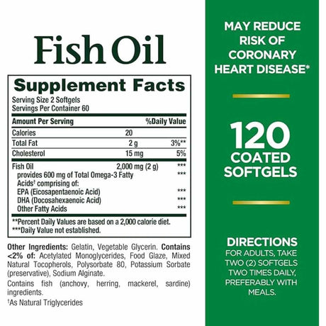 Información del suplemento de Nature's Bounty Fish Oil, presentación de 120 cápsulas blandas