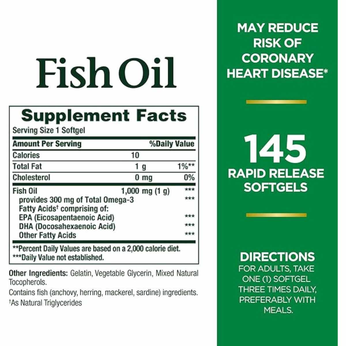 Información del suplemento de Nature's Bounty Fish Oil, presentación de 145 cápsulas Rapid Release