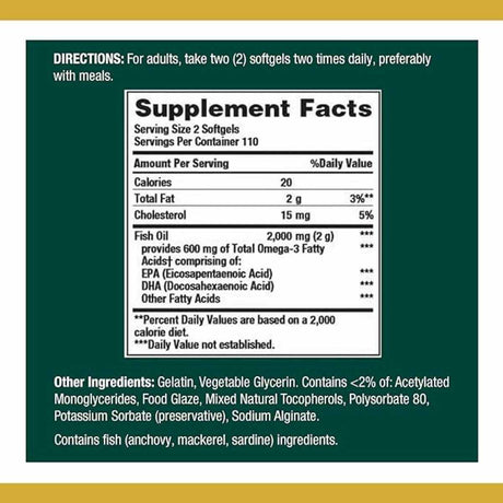Información del suplemento de Nature's Bounty Fish Oil, presentación de 220 cápsulas blandas