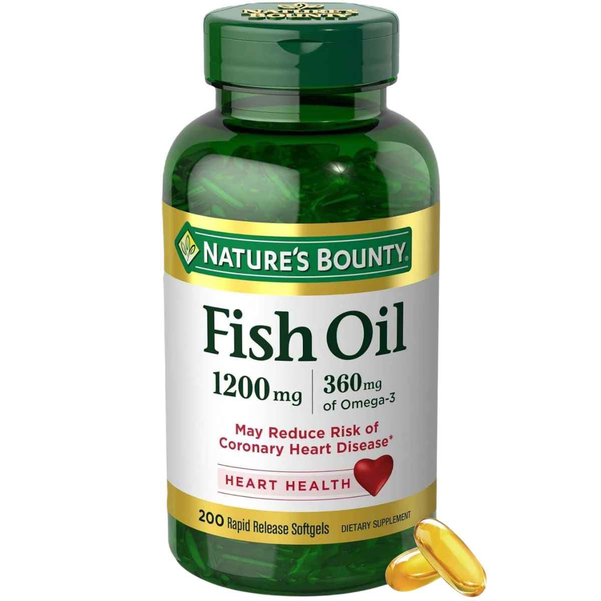 Frasco de Nature’s Bounty aceite de pescado Omega-3 1200 mg, presentación de 200 cápsulas blandas