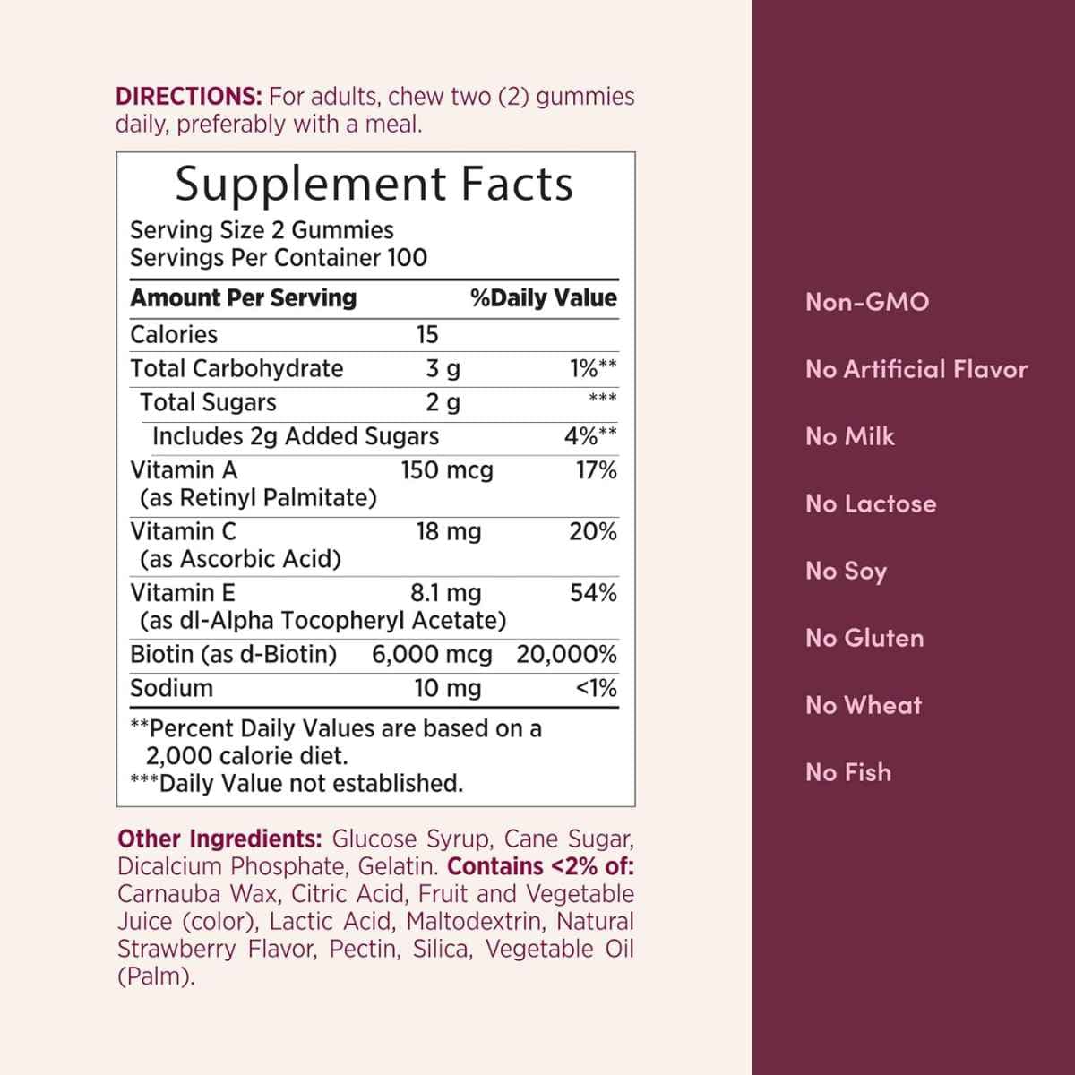 Información del suplemento Nature’s Bounty gomitas de biotina 6000 mcg 200 gomitas