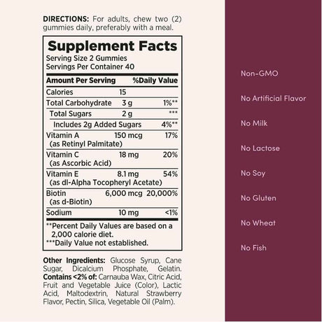 Información del suplemento Nature’s Bounty gomitas de biotina 6000 mcg 80 gomitas