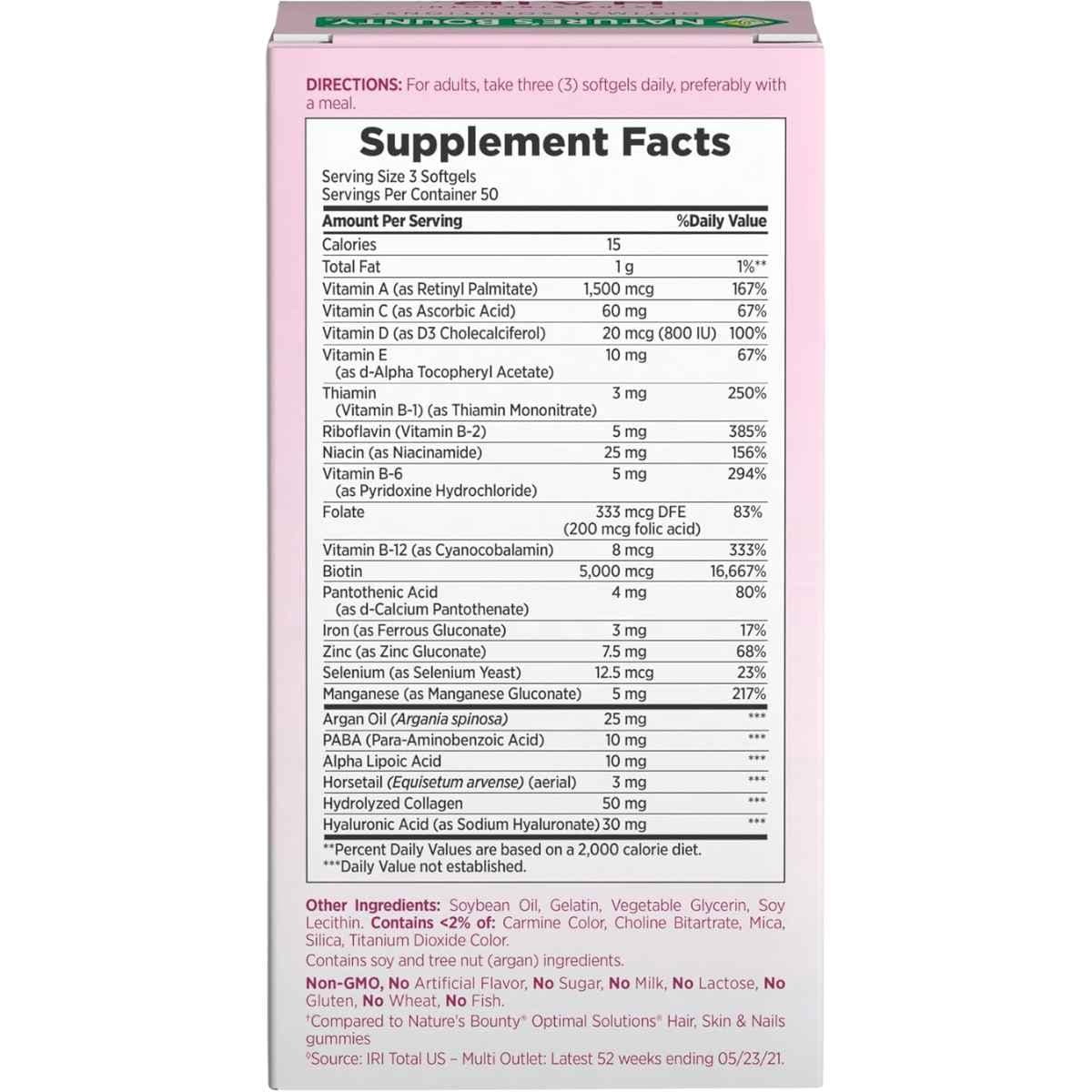 Tabla nutricional del suplemento Nature's Bounty Hair, Skin & Nails Potencia Extra 150 Cápsulas Blandas