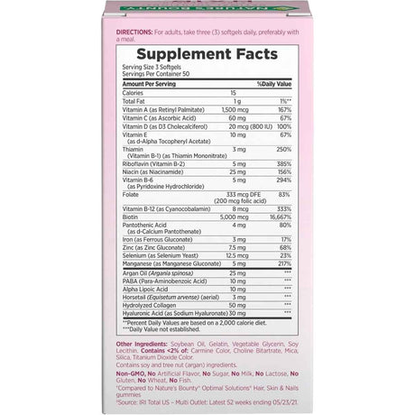 Tabla nutricional del suplemento Nature's Bounty Hair, Skin & Nails Potencia Extra 150 Cápsulas Blandas