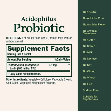 Tabla nutricional del suplemento Nature's Bounty Lactobacillus acidophilus 120 tabletas