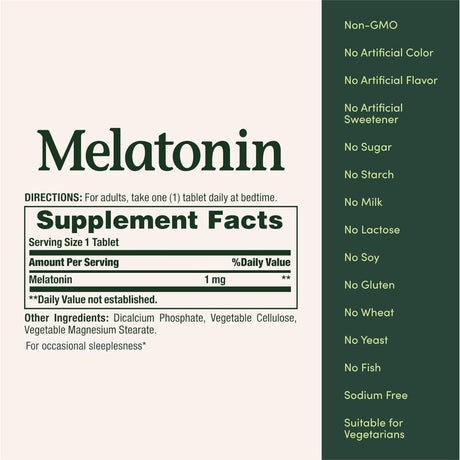 Tabla nutricional del suplemento Nature's Bounty Melatonina 1 mg 180 tabletas