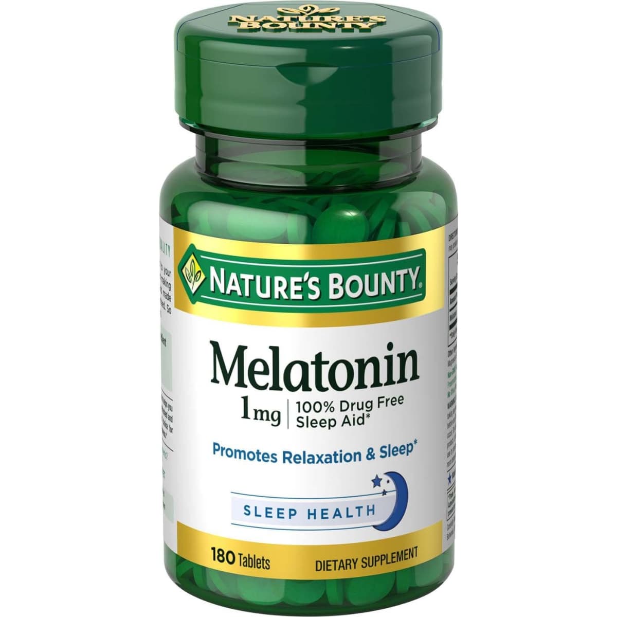 Frasco de suplemento Nature's Bounty Melatonina 1 mg 180 tabletas