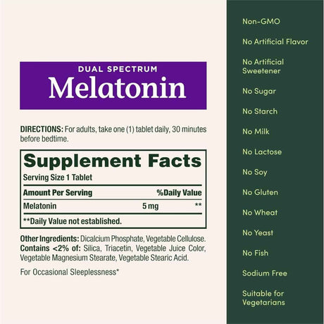 Tabla nutricional del suplemento Nature's Bounty Melatonina 5 mg 60 tabletas