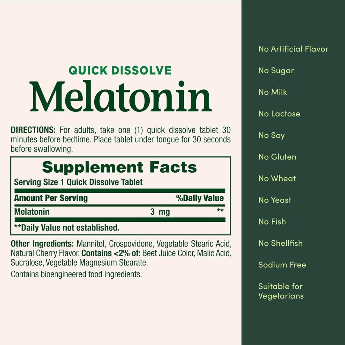 Tabla nutricional del suplemento Nature's Bounty Melatonina Cereza 3 mg 240 tabletas