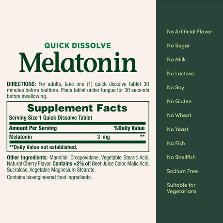 Tabla nutricional del suplemento Nature's Bounty Melatonina Cereza 3 mg 240 tabletas