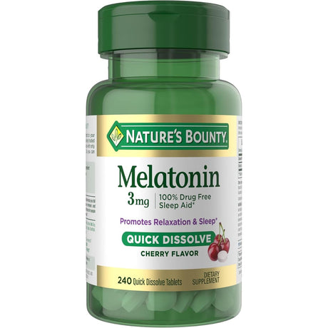 Frasco de suplemento Nature's Bounty Melatonina Cereza 3 mg 240 tabletas