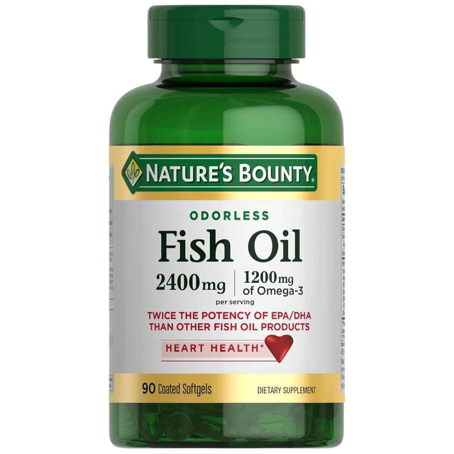 Frasco frontal de NATURE'S BOUNTY Omega 3 de aceite de pescado, 90 cápsulas blandas