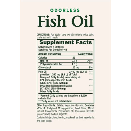 Información del suplemento de NATURE'S BOUNTY Omega 3 con 2400 mg de aceite de pescado y 1200 mg de omega 3 por porción