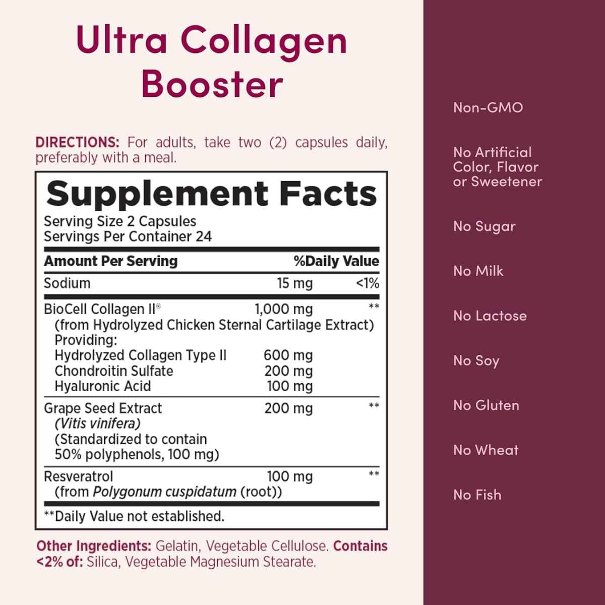 Tabla nutricional del suplemento Nature's Bounty Refuerzo de Ultra Colágeno 48 cápsulas