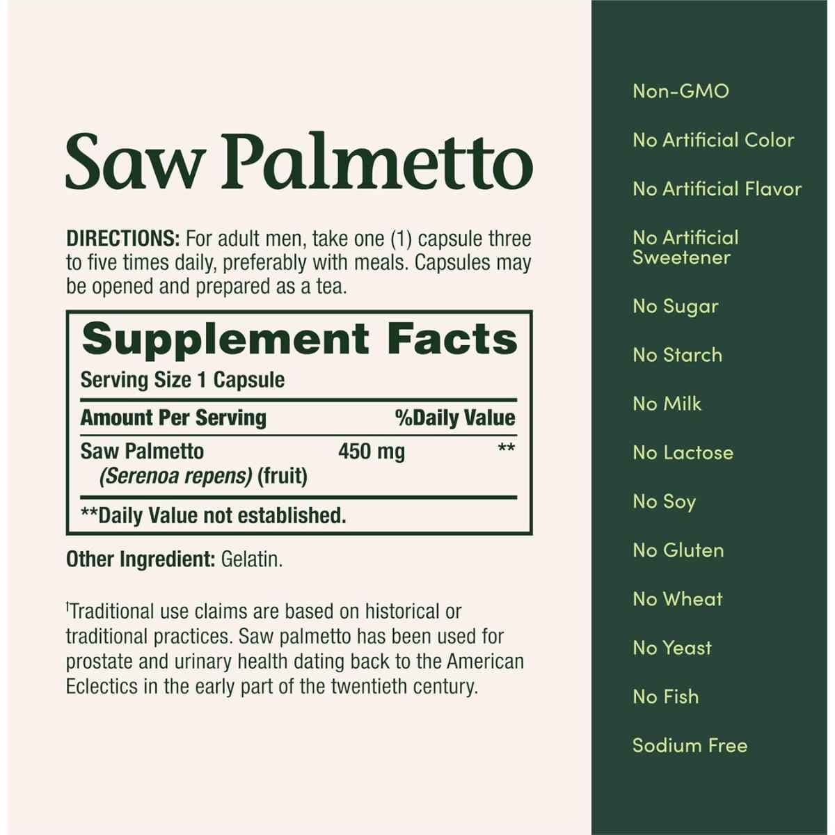 Etiqueta con información del suplemento Nature's Bounty Saw Palmetto 450 mg en cápsulas