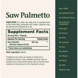 Etiqueta con información del suplemento Nature's Bounty Saw Palmetto 450 mg en cápsulas