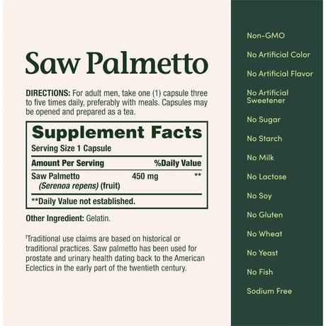 Etiqueta con información del suplemento Nature's Bounty Saw Palmetto 450 mg en cápsulas