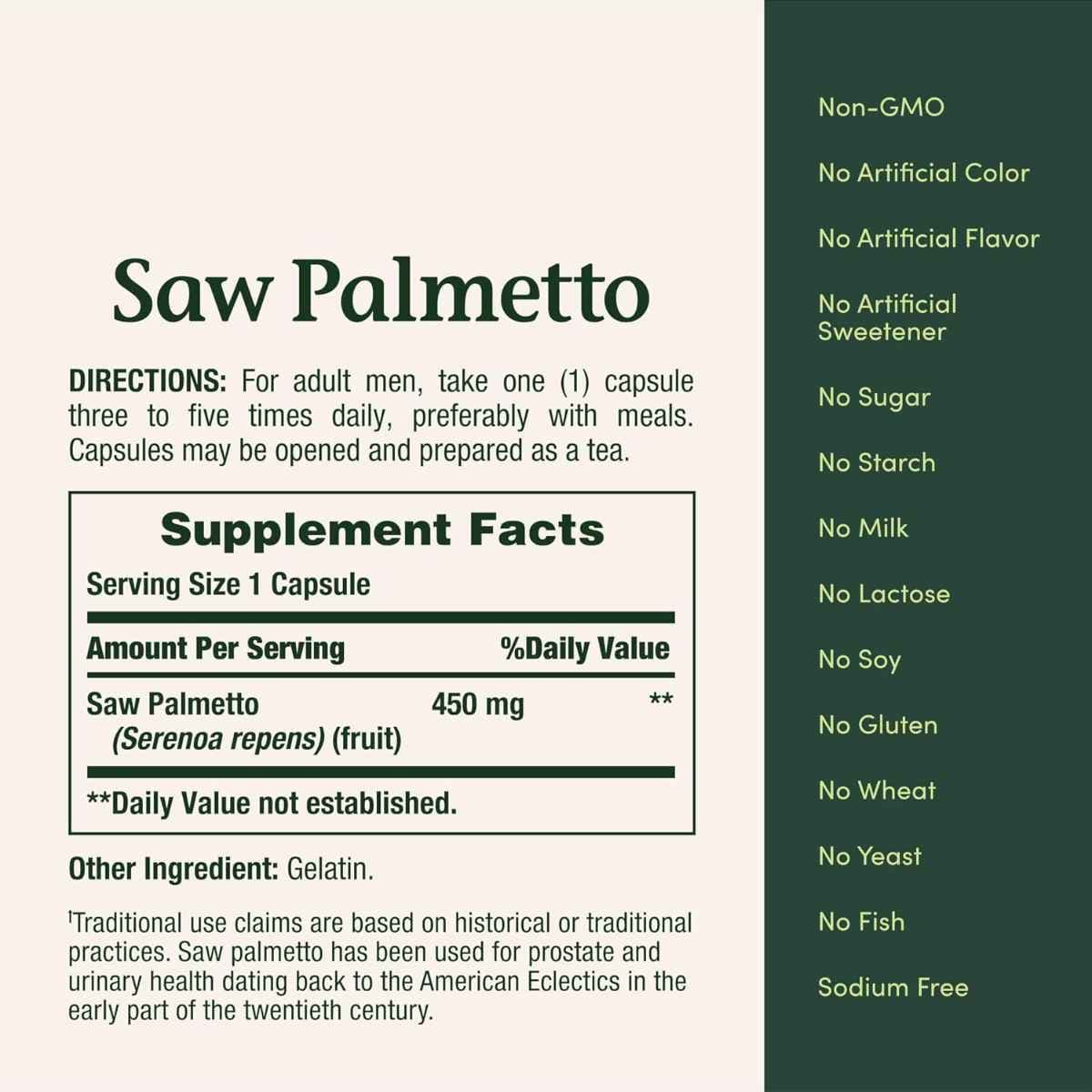 Tabla nutricional del suplemento Nature's Bounty Saw Palmetto 450 mg en cápsulas