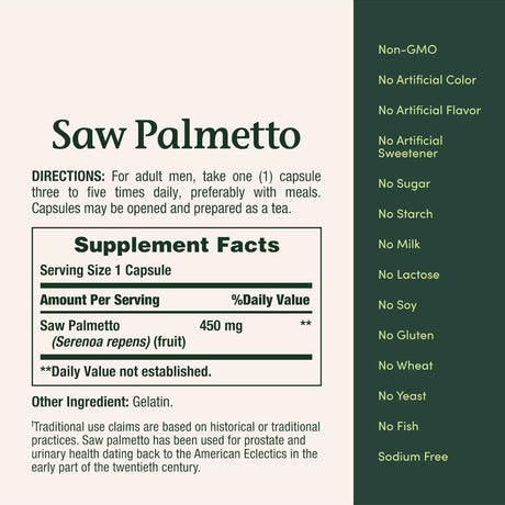 Tabla nutricional del suplemento Nature's Bounty Saw Palmetto 450 mg en cápsulas