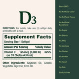 Tabla nutricional del suplemento Nature's Bounty Vitamina D3 5000 UI