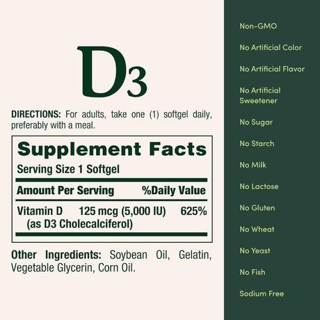 Tabla nutricional del suplemento Nature's Bounty Vitamina D3 5000 UI