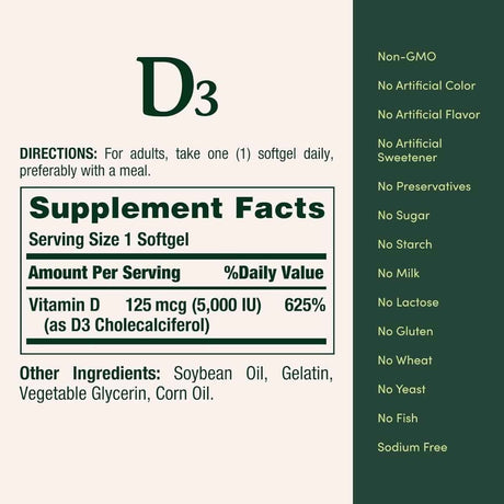 Tabla nutricional del suplemento Nature's Bounty Vitamina D3 5000 UI