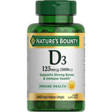 Frasco de suplemento Nature's Bounty Vitamina D3 5000 UI 240 cápsulas blandas