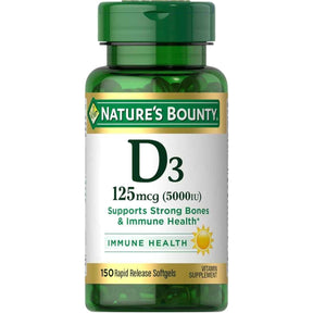 Frasco de suplemento Nature's Bounty Vitamina D3 5000 UI 150 cápsulas blandas
