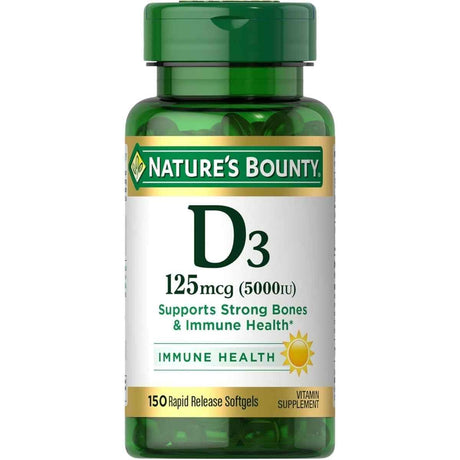Frasco de suplemento Nature's Bounty Vitamina D3 5000 UI 150 cápsulas blandas