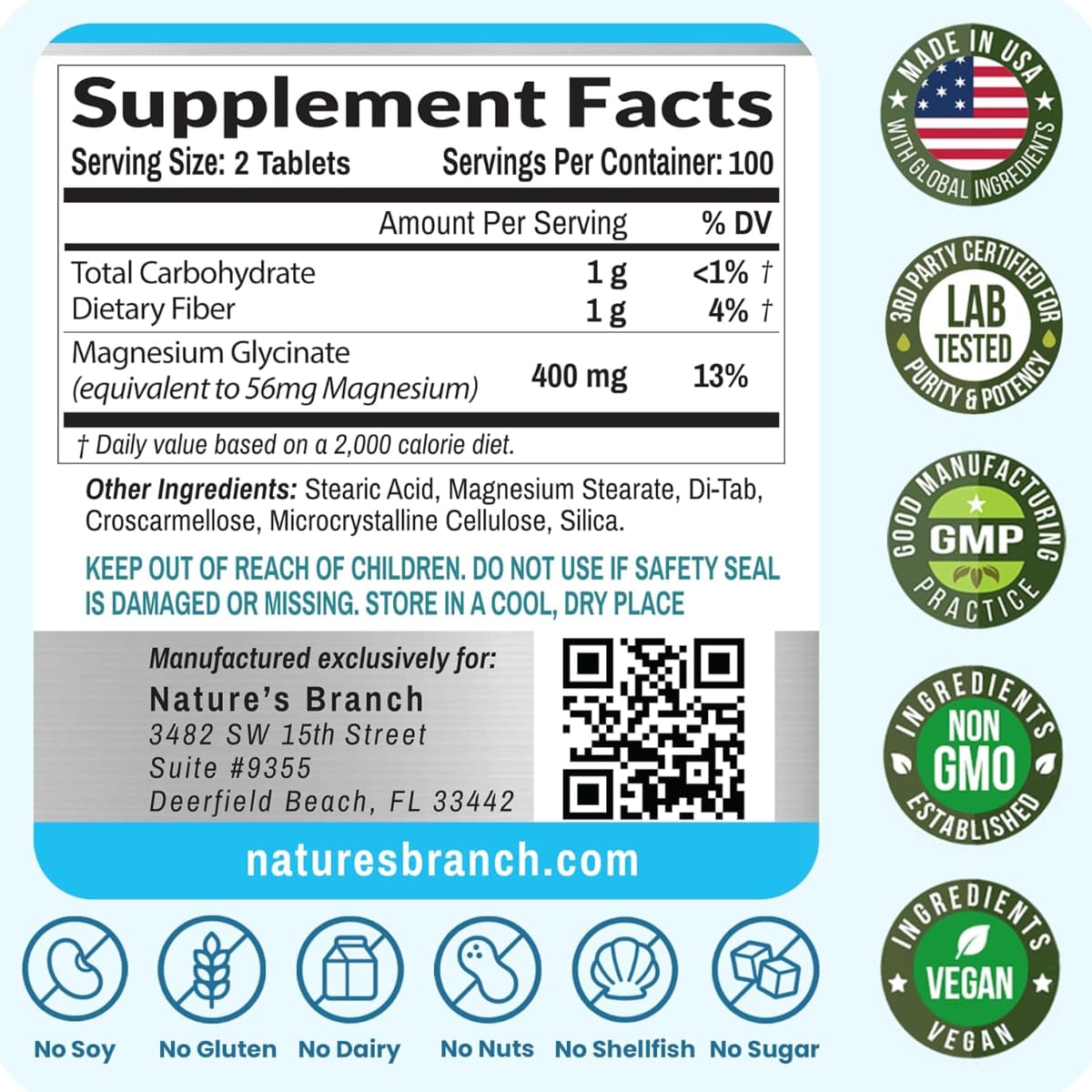 Tabla nutricional del suplemento Nature’s Branch Glicinato de Magnesio 200 tabletas
