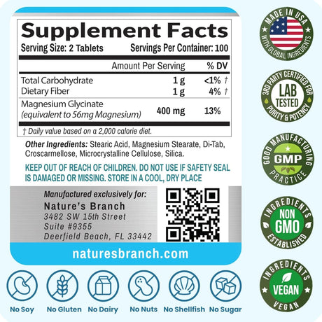 Tabla nutricional del suplemento Nature’s Branch Glicinato de Magnesio 200 tabletas