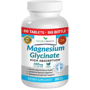 Frasco de suplemento Nature’s Branch Glicinato de Magnesio 200 tabletas
