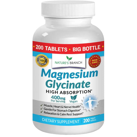 Frasco de suplemento Nature’s Branch Glicinato de Magnesio 200 tabletas