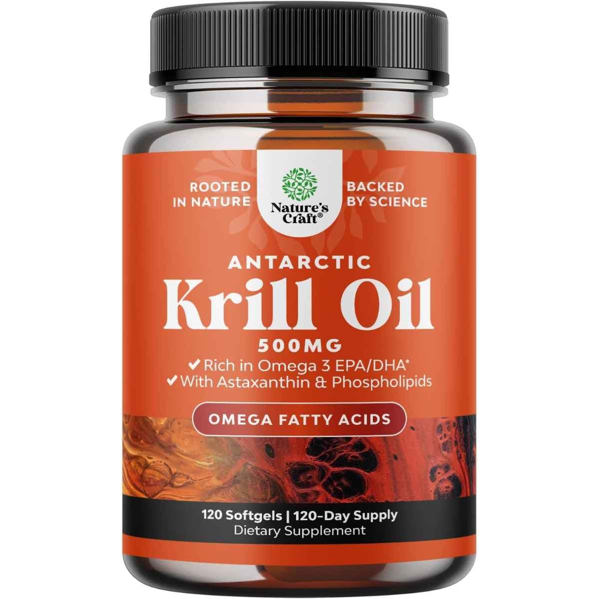 Frasco de suplemento Nature's Craft Aceite de Krill 500 mg 120 cápsulas blandas