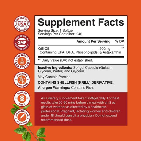 Tabla nutricional del suplemento Nature's Craft Aceite de Krill 500 mg 240 cápsulas blandas