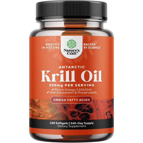 Frasco de suplemento Nature's Craft Aceite de Krill 500 mg 240 cápsulas blandas