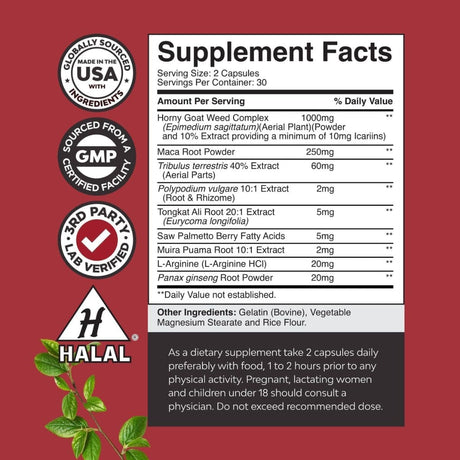 Información del suplemento Nature's Craft Horny Goat Weed 1000 mg por porción de 2 cápsulas
