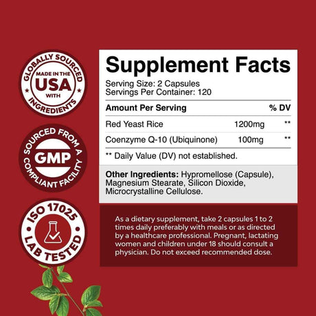 Tabla nutricional del suplemento Nature's Craft Levadura Roja de Arroz con CoQ10 1200 mg 240 cápsulas