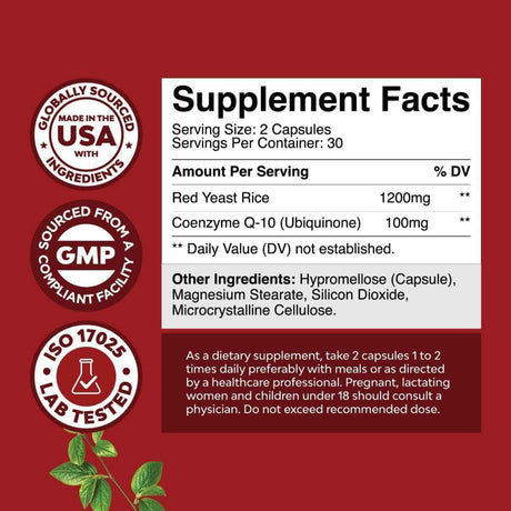 Tabla nutricional del suplemento Nature's Craft Levadura Roja de Arroz con CoQ10 1200 mg 60 cápsulas