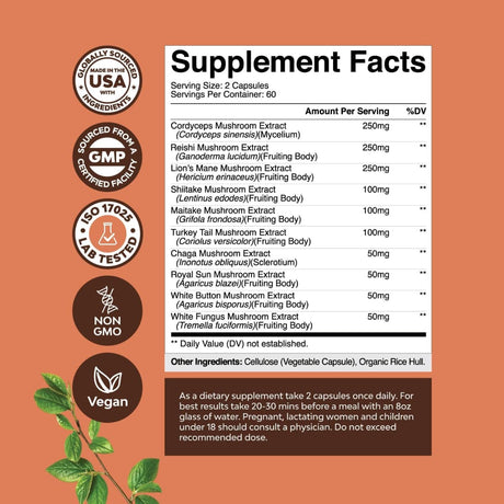 Tabla nutricional del suplemento Nature's Craft Mushroom Complex 120 cápsulas