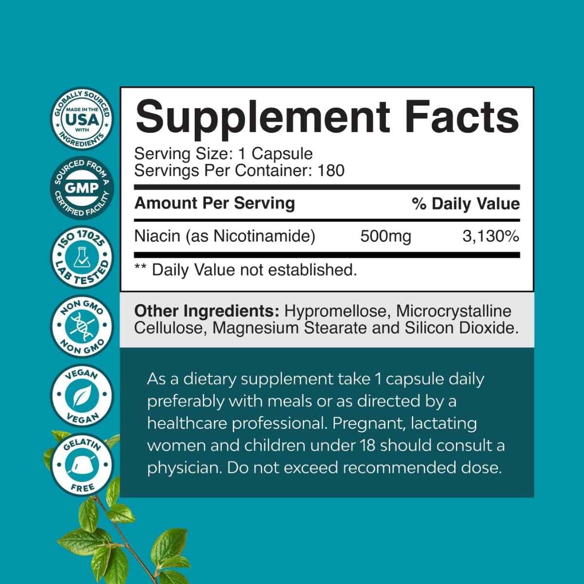Tabla nutricional del suplemento Nature's Craft Nicotinamida 500 mg 180 cápsulas