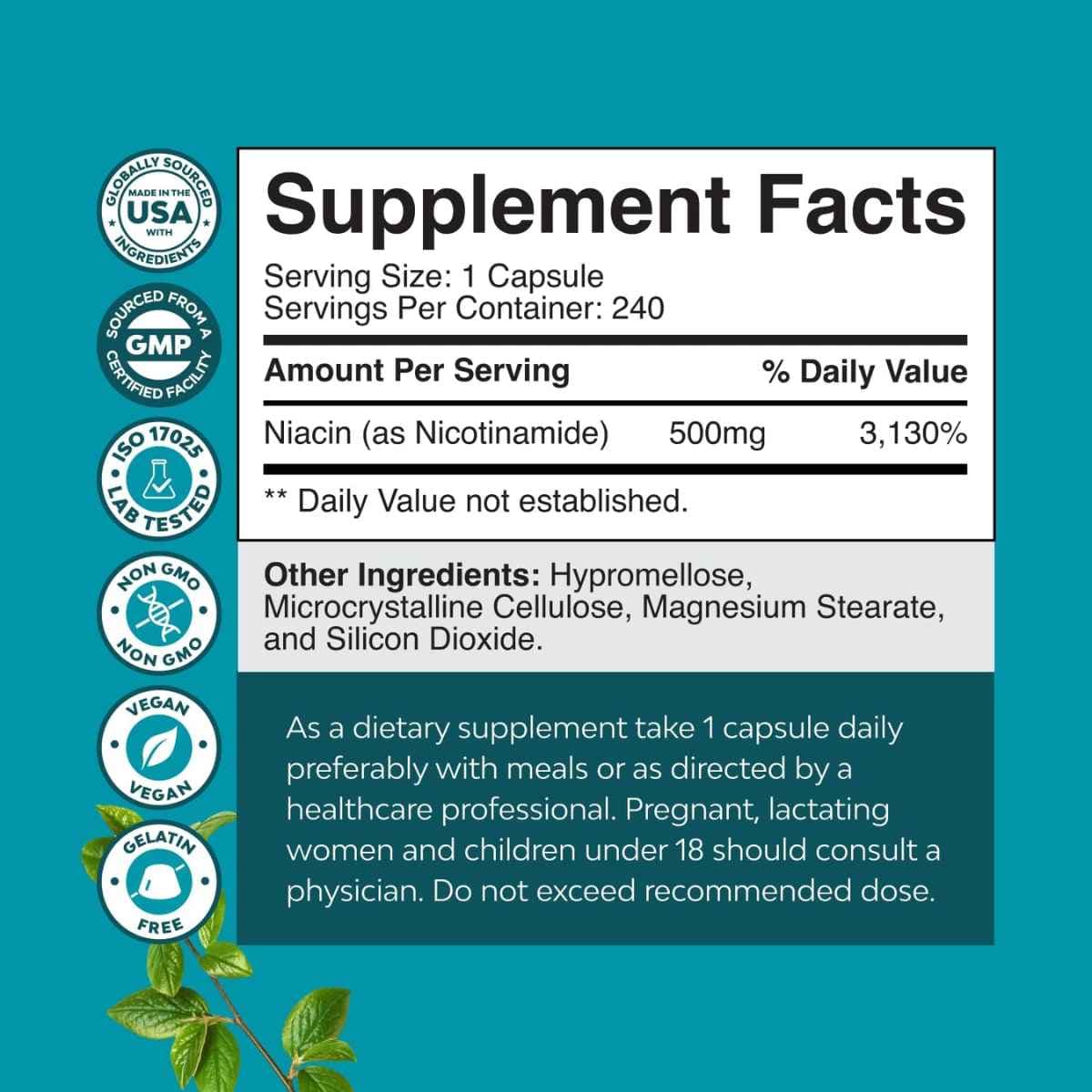 Tabla nutricional del suplemento Nature's Craft Nicotinamida 500 mg 240 cápsulas
