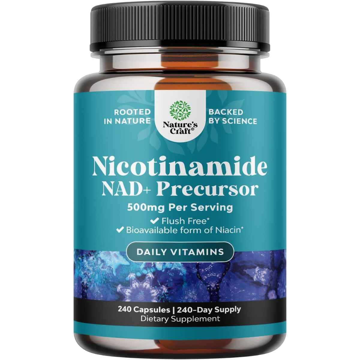 Frasco de suplemento Nature's Craft Nicotinamida 500 mg 240 cápsulas