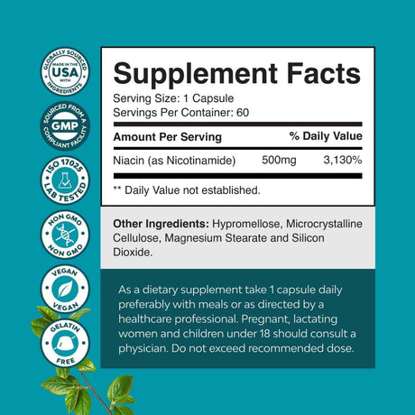 Tabla nutricional del suplemento Nature's Craft Nicotinamida 500 mg 60 cápsulas