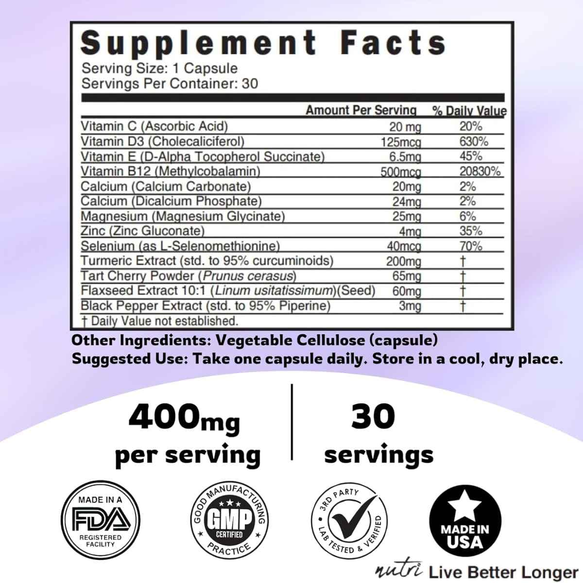 Tabla nutricional del suplemento Nature's Fusions Multivitamínico con Cúrcuma y Omega-3 30 Cápsulas Veganas