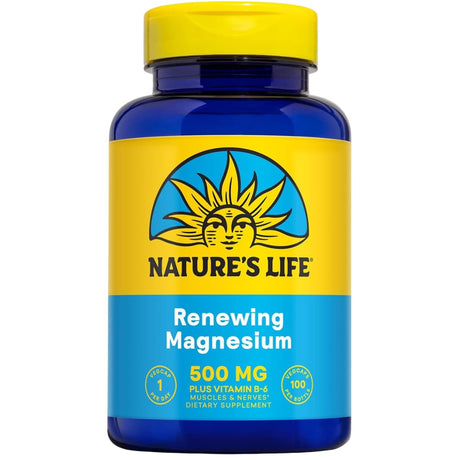 Frasco frontal de Nature's Life Renewing Magnesio 500 mg con vitamina B6, 100 cápsulas