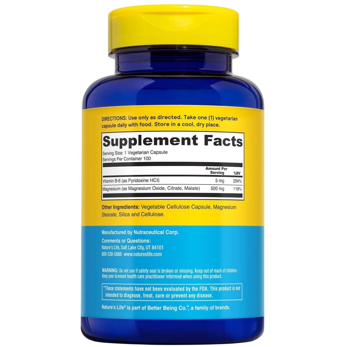 Información del suplemento Nature's Life Renewing Magnesio 500 mg, variante de 100 cápsulas