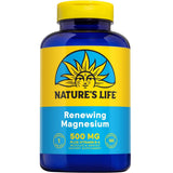 Frasco frontal de Nature's Life Renewing Magnesio 500 mg con vitamina B6, 180 cápsulas