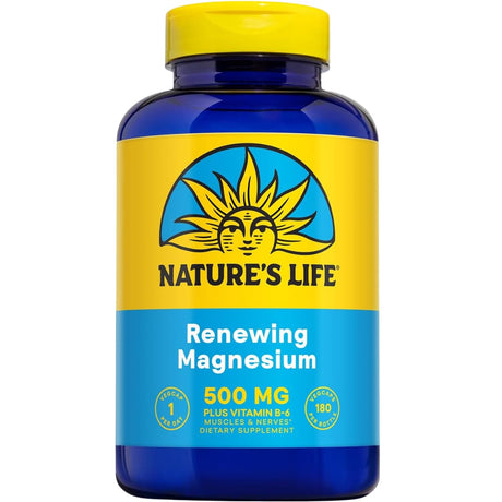 Frasco frontal de Nature's Life Renewing Magnesio 500 mg con vitamina B6, 180 cápsulas